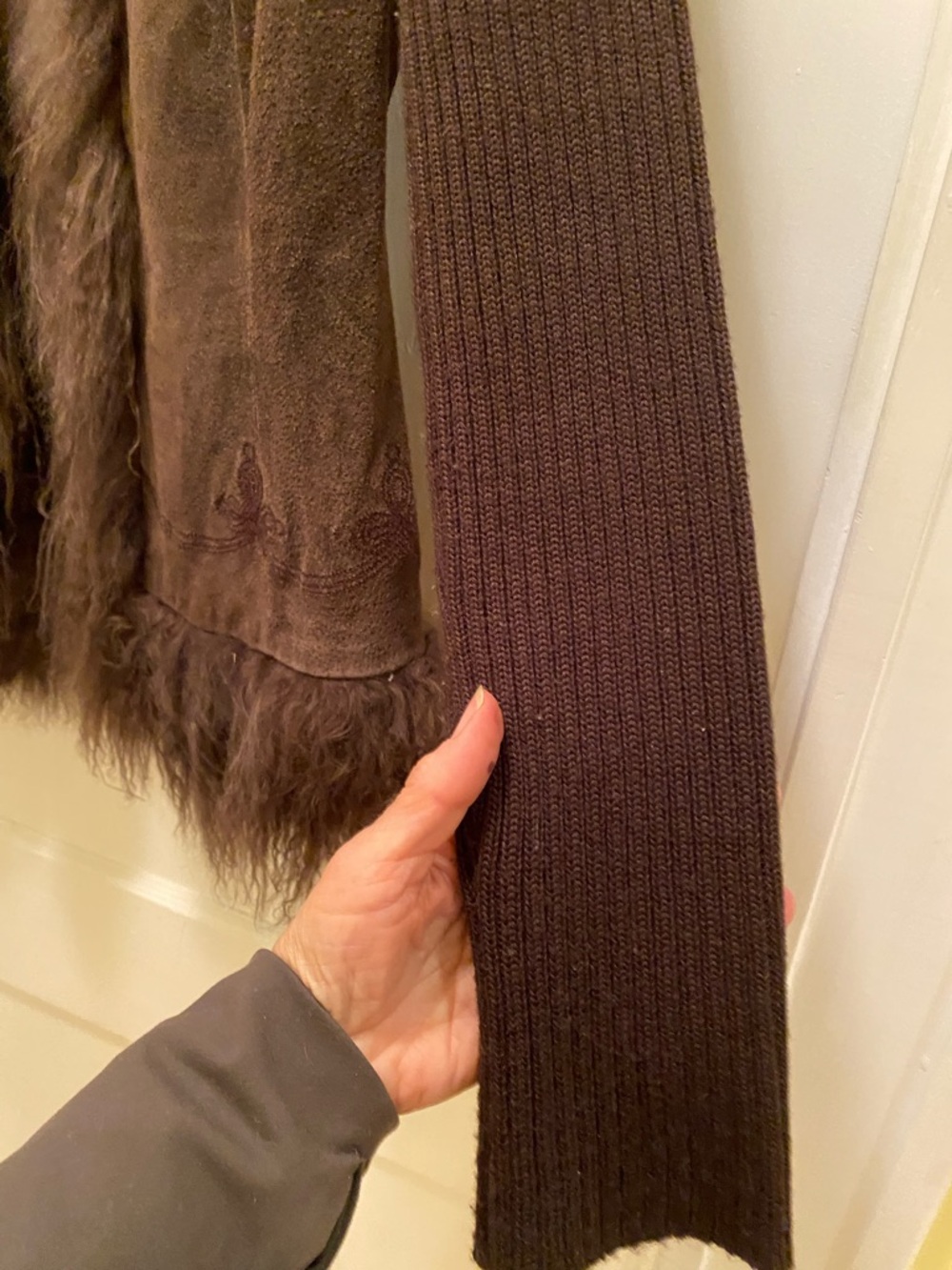 “if it were me”Chocolate Brown Real  FurTrim Suede Knit Sleeve Jacket - Picture 5 of 10